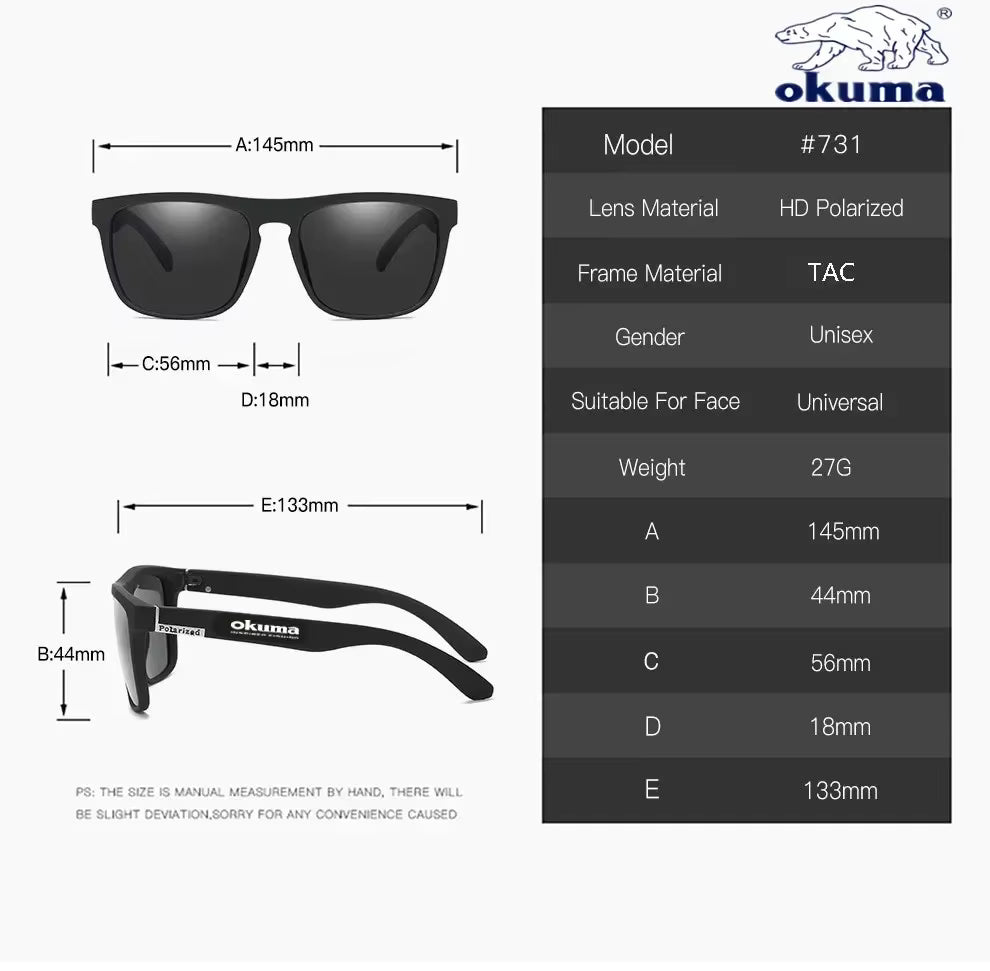 Sunglasses with dimensions and product details on a white background