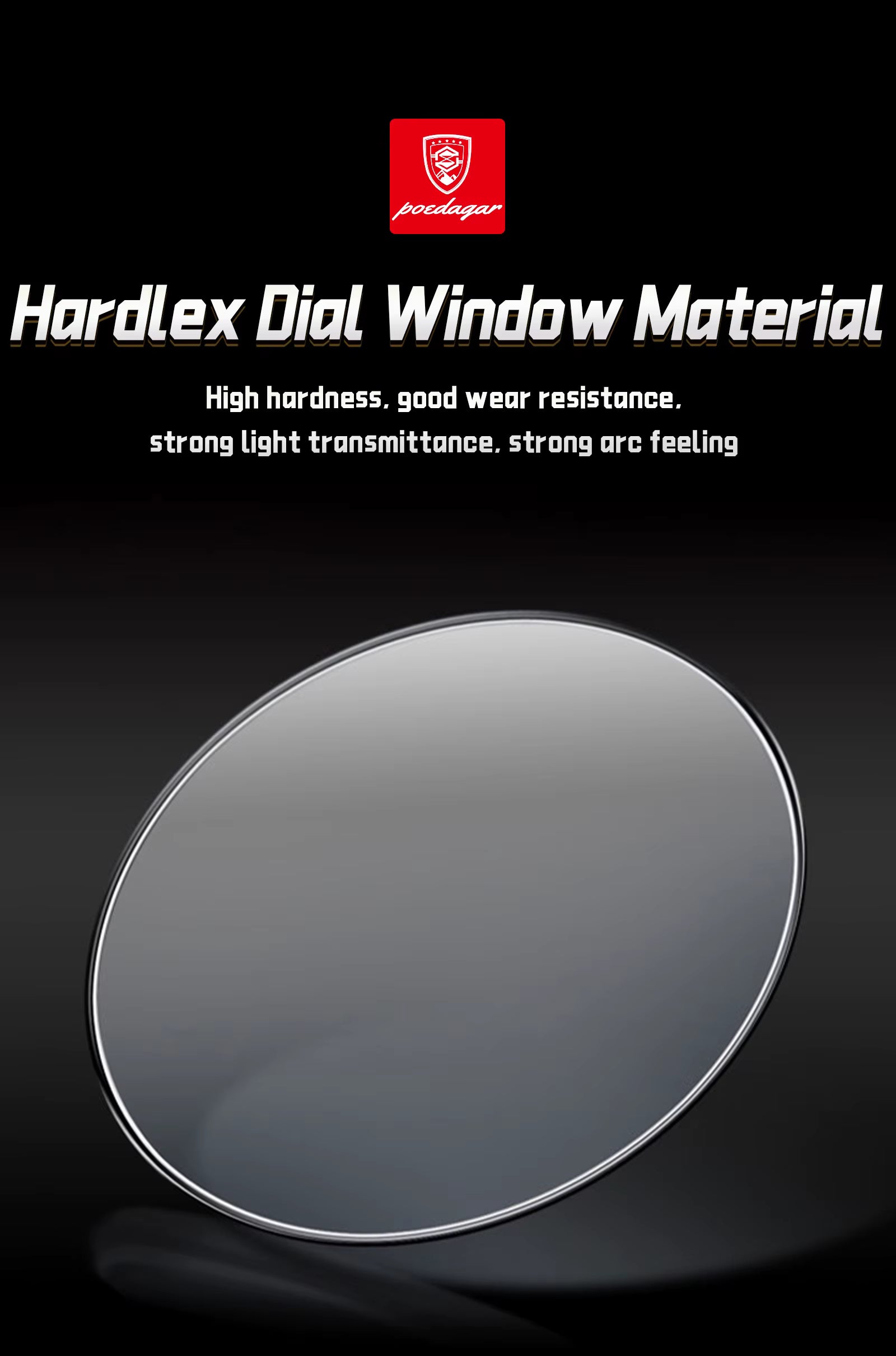 Advertisement for Hardlex Dial Window Material with a circular glass sample on a black background.