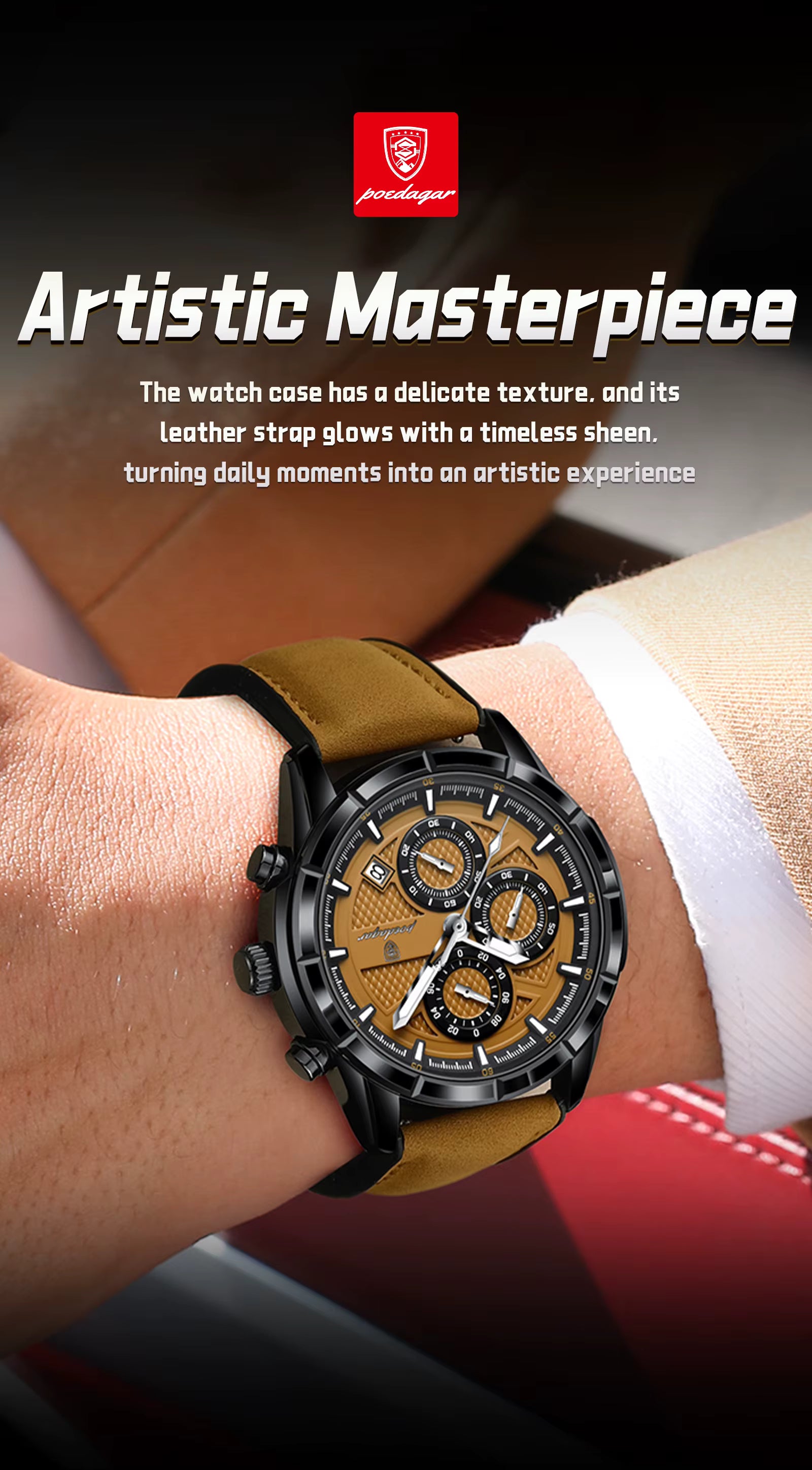 Luxury watch with leather strap worn on wrist, brand logo visible