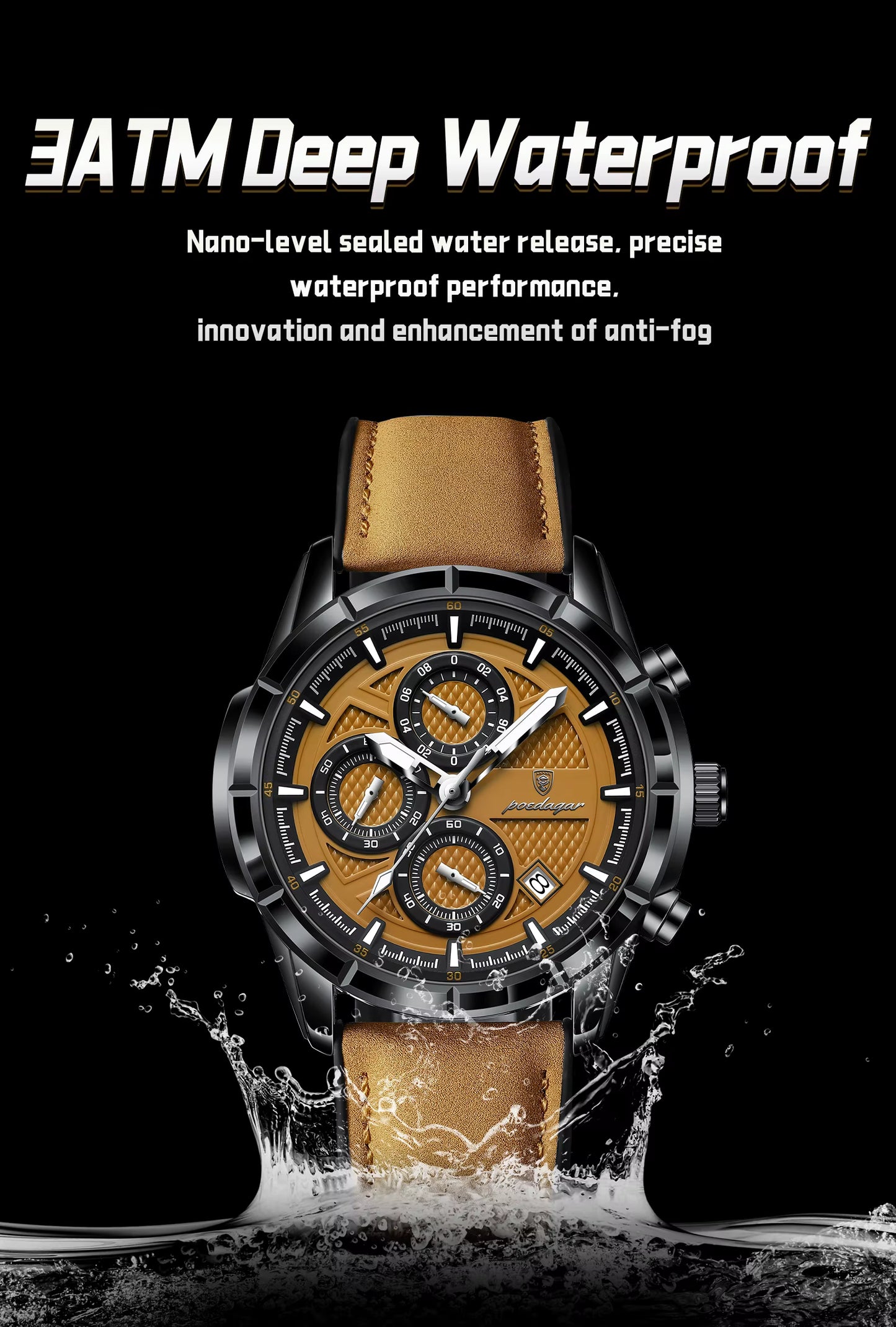 Watch with brown leather strap and black dial on a black background with water splashes, emphasizing waterproof feature.