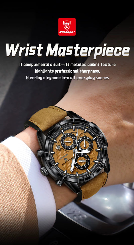 Watch with brown strap and metallic case on wrist, brand logo at top