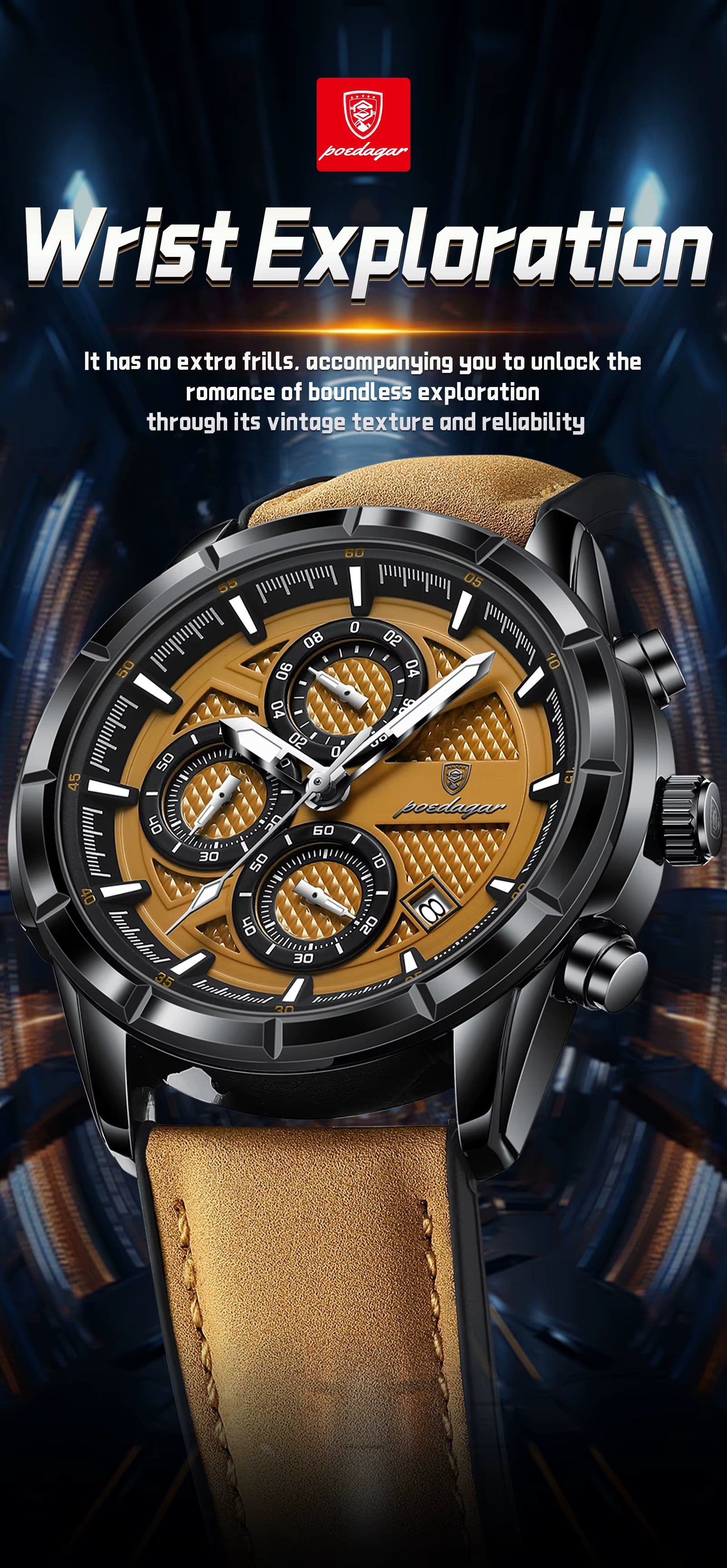 Luxury watch with brown leather strap on a dark background