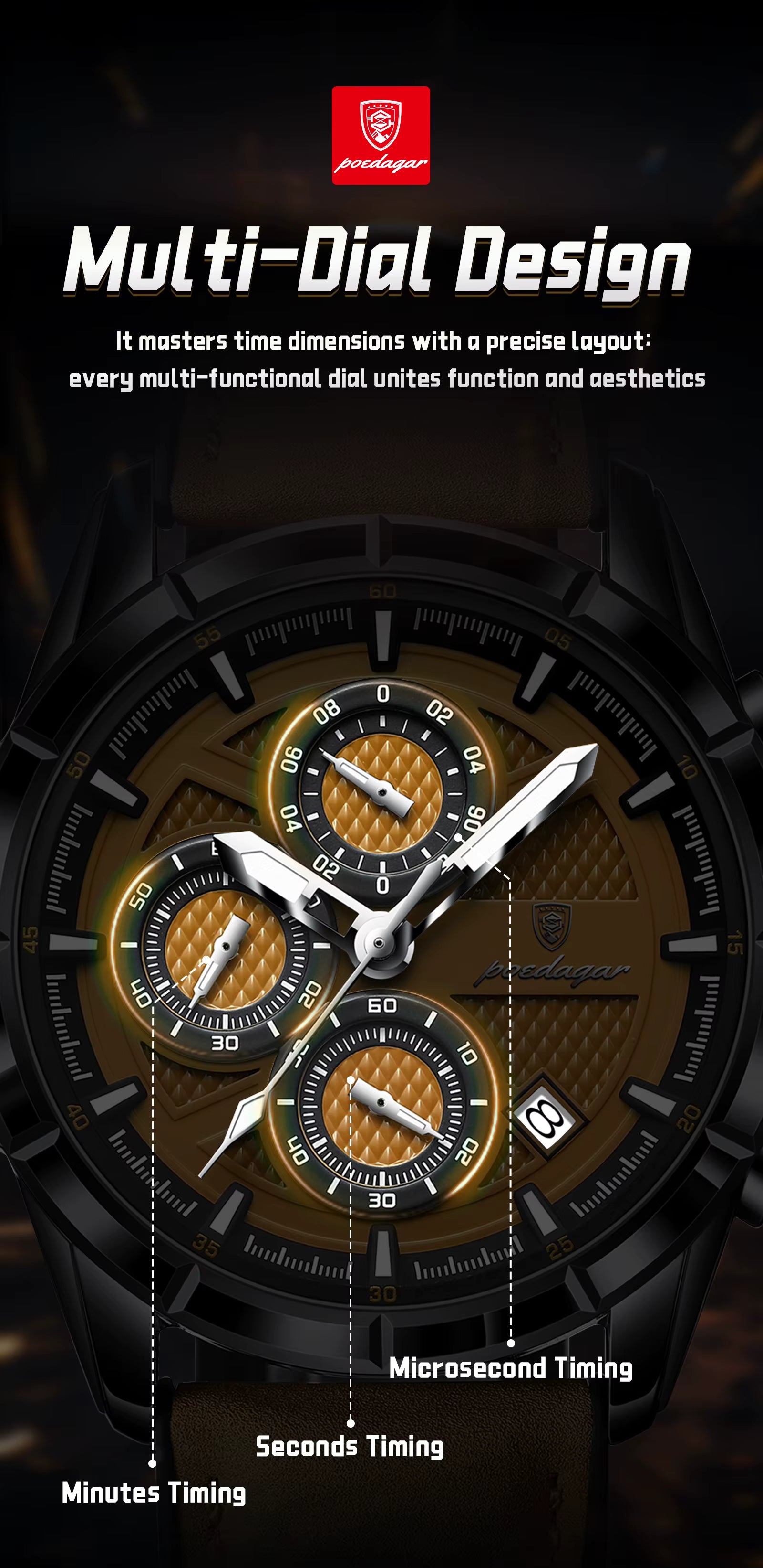 Luxury watch with multi-functional dials on a dark background