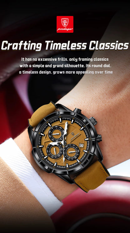 Watch with brown strap and black dial on wrist, brand logo visible