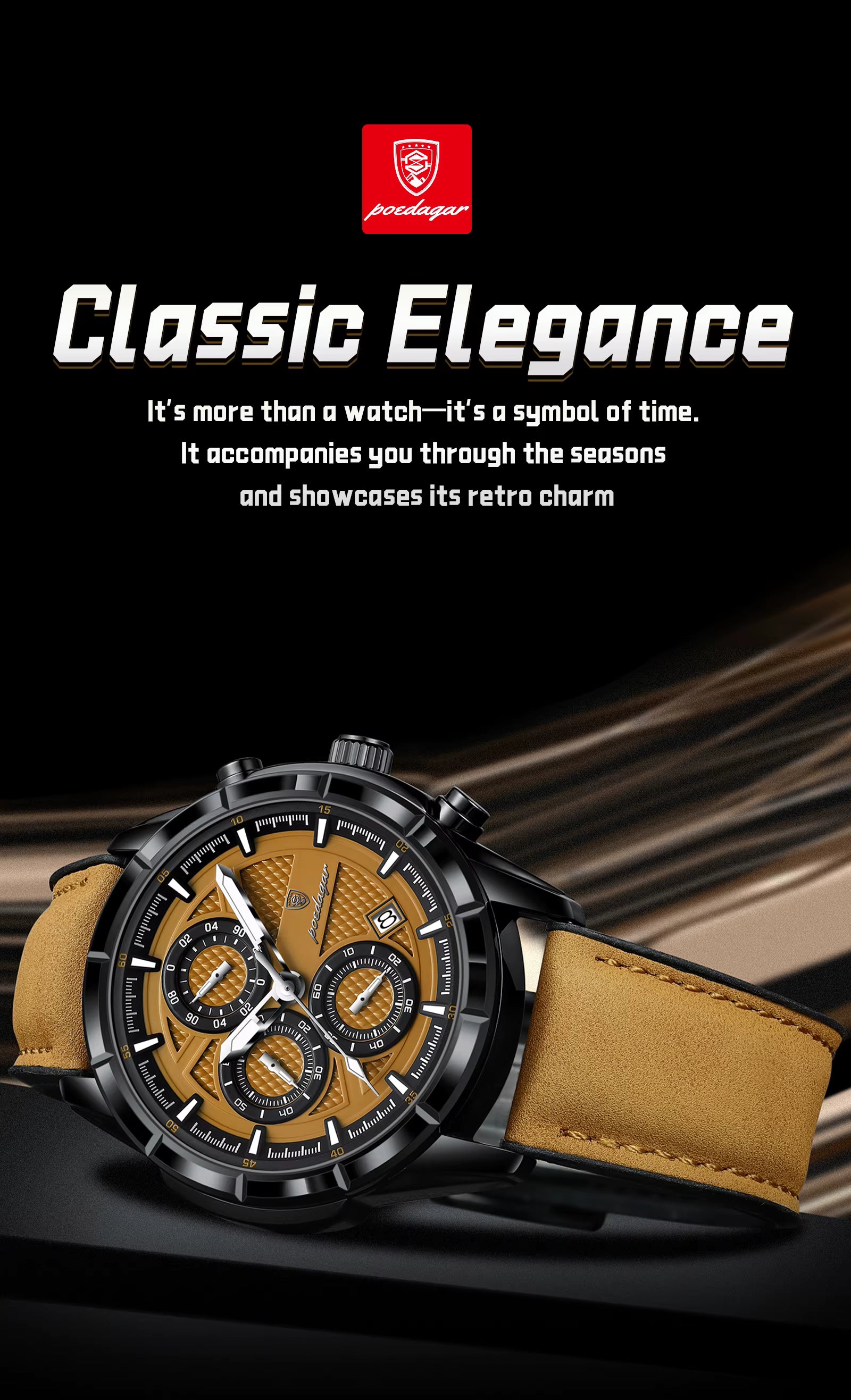 Watch with brown strap and black dial on a dark background with 'Mido' logo.