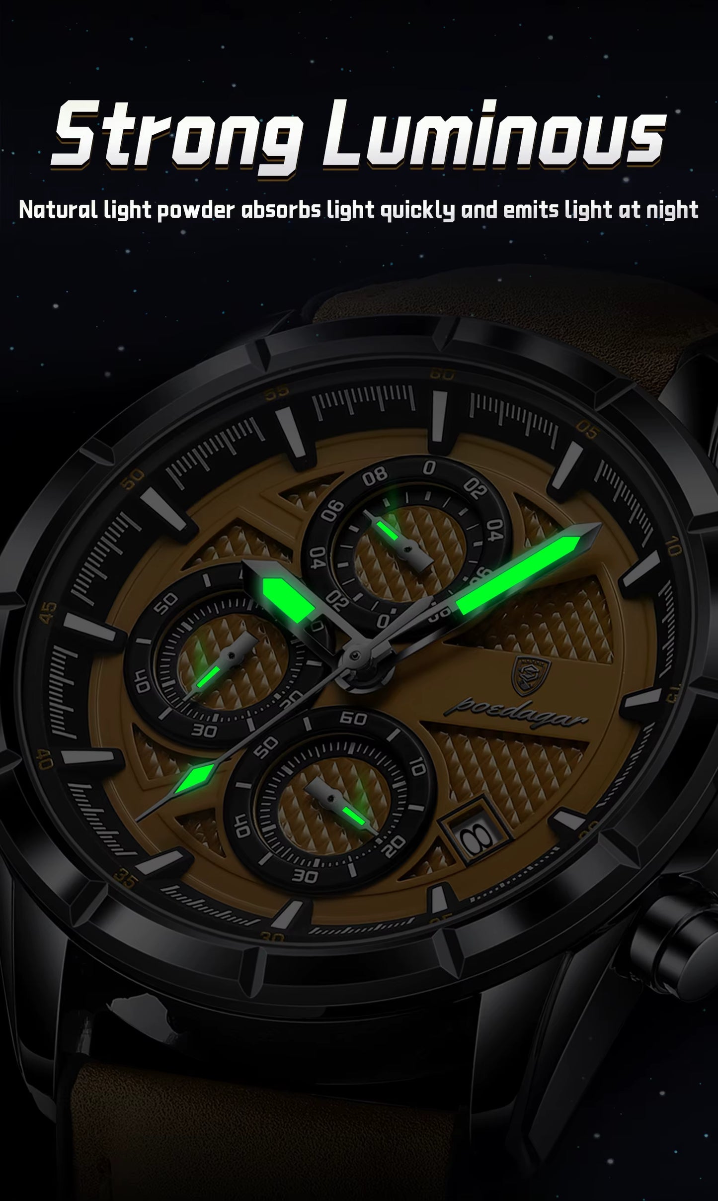 Watch with strong luminous feature on a dark background