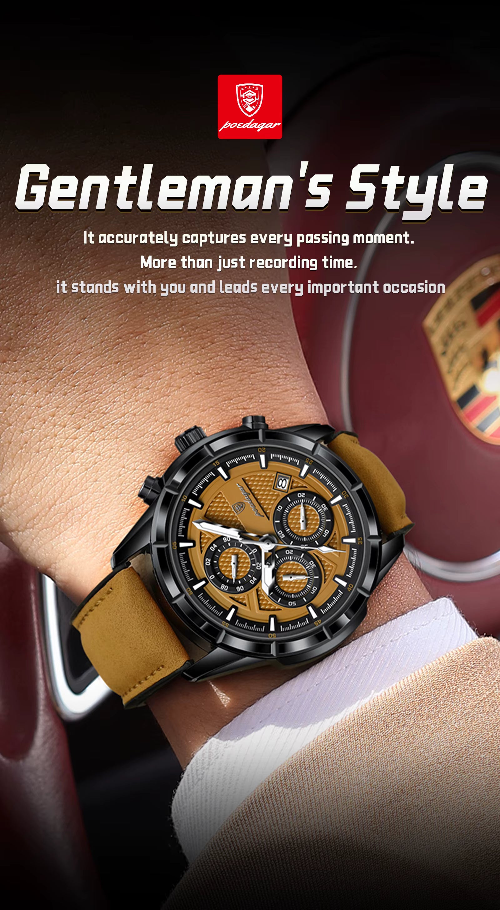 Watch on a wrist with text about 'Gentleman's Style' and a brand logo.