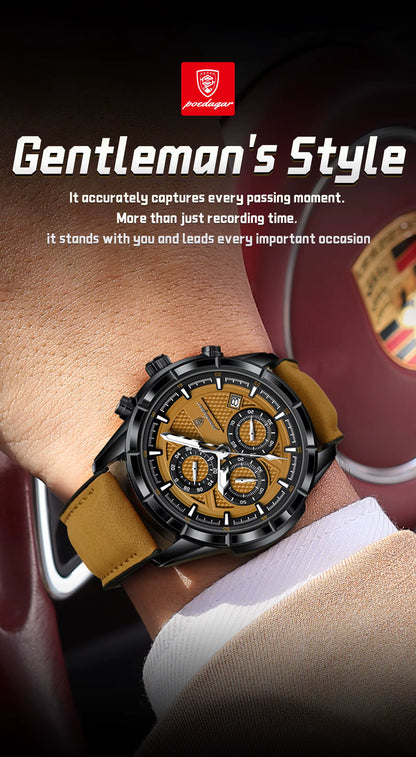 Watch on a wrist with text about 'Gentleman's Style' and a brand logo.