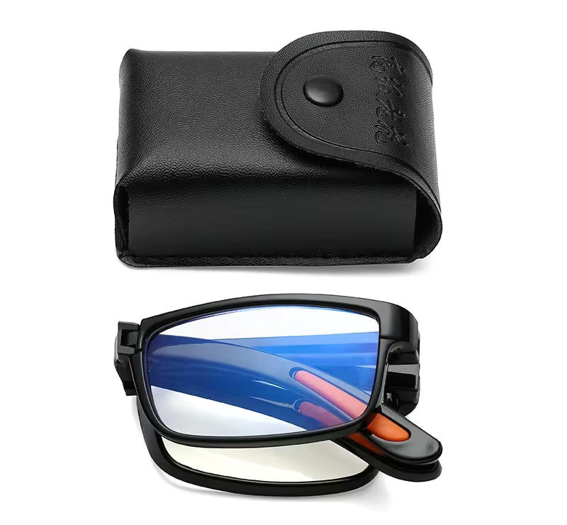 Black foldable reading glasses and a black case on a white background