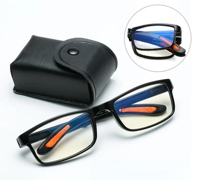 Black-framed glasses with orange accents and clear lenses on a white background, accompanied by a black case.