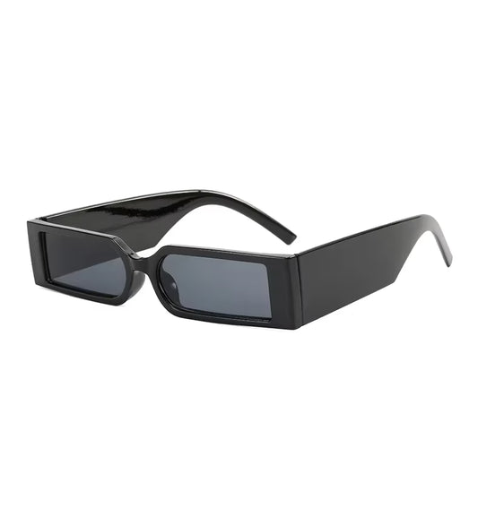 Black sunglasses with a rectangular frame on a white background