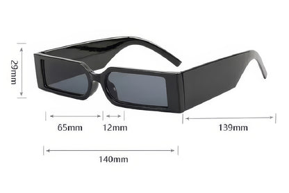 Black sunglasses with dimensions indicated on a white background