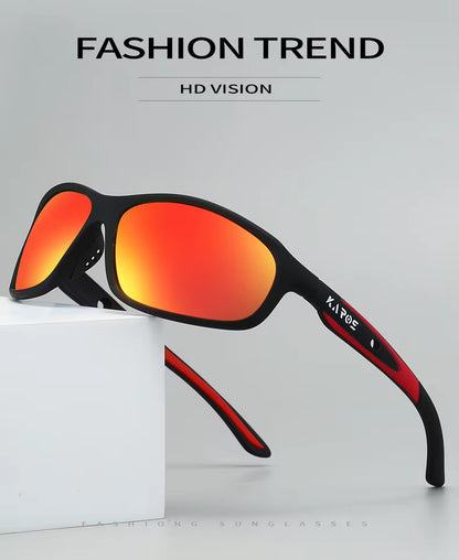 Sunglasses with black frame and red-orange lenses on a light gray background, labeled 'Fashion Trend' and 'HD Vision'.