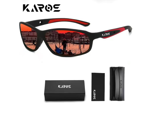 Sunglasses with reflective design, box, case, and cleaning cloth on a white background with 'KAROS' branding.