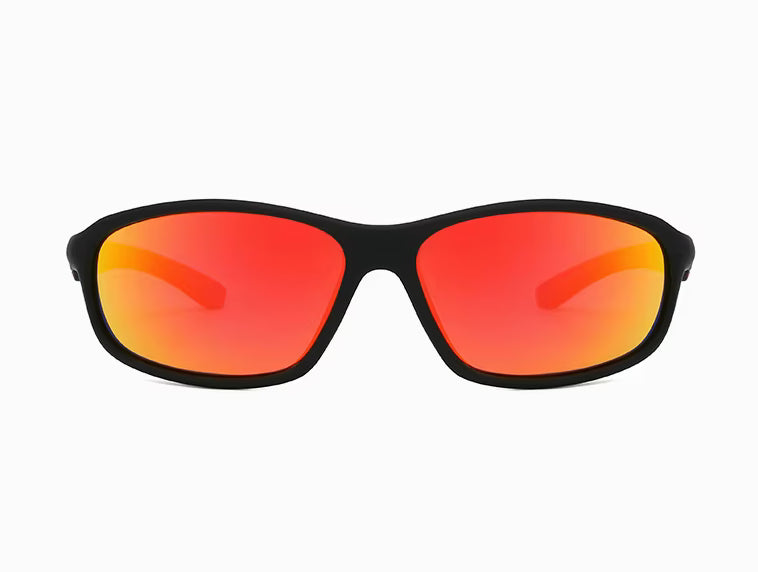 Sunglasses with black frame and red-orange lenses on a white background
