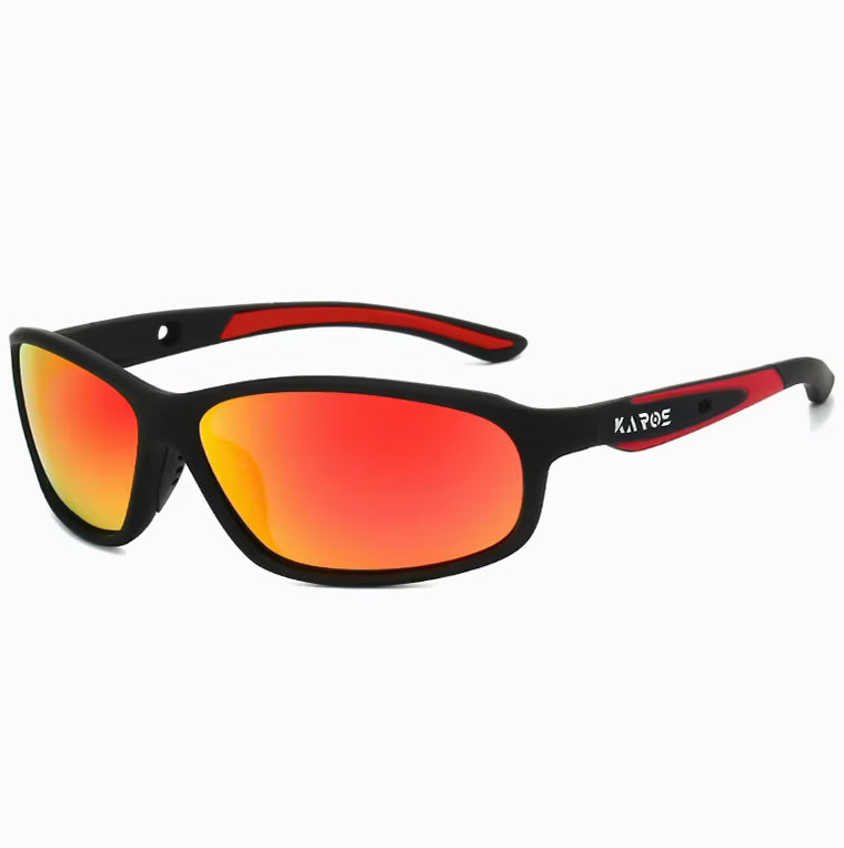 Sunglasses with red and orange lenses and black frame on a white background