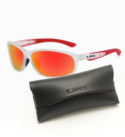 Sunglasses with red lenses and white frame, accompanied by a black case on a white background.