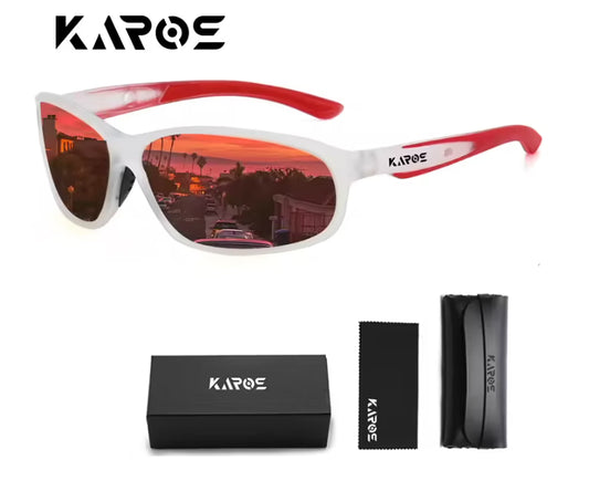 Sunglasses with red and white frame and 'KAROS' branding, accompanied by a black case and cleaning cloth on a white background.