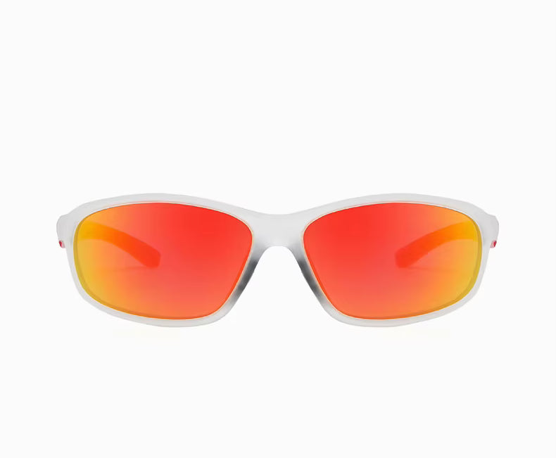 Sunglasses with red-orange lenses and white frame on a white background