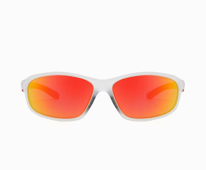 Sunglasses with red-orange lenses and white frame on a white background