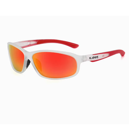 Sunglasses with red-orange lenses and white frame on a white background