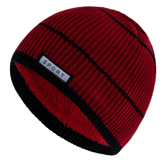 Red and black striped beanie with 'Sport' label on a white background