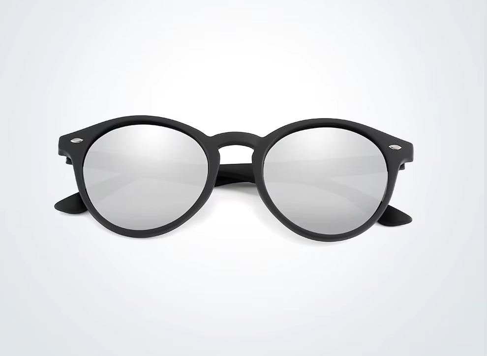 Black-framed sunglasses with silver reflective lenses on a white background