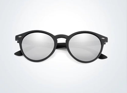 Black-framed sunglasses with silver reflective lenses on a white background