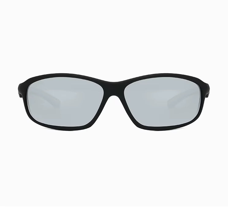 Black sunglasses with reflective lenses on a white background