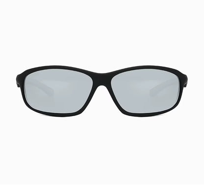 Black sunglasses with reflective lenses on a white background