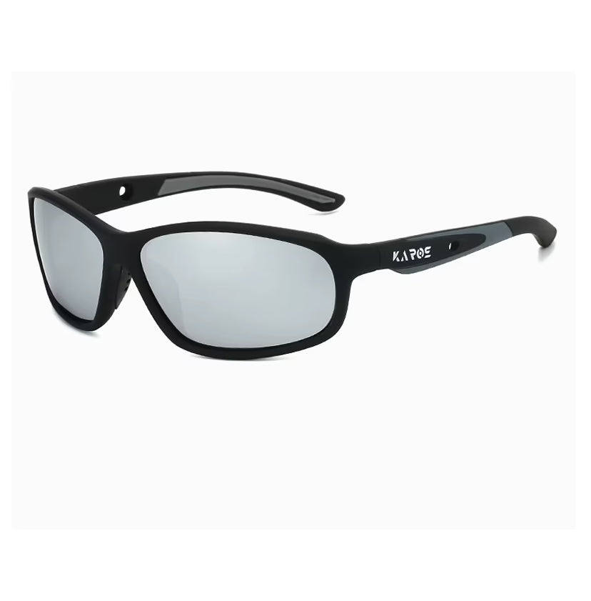 Black sunglasses with reflective lenses on a white background