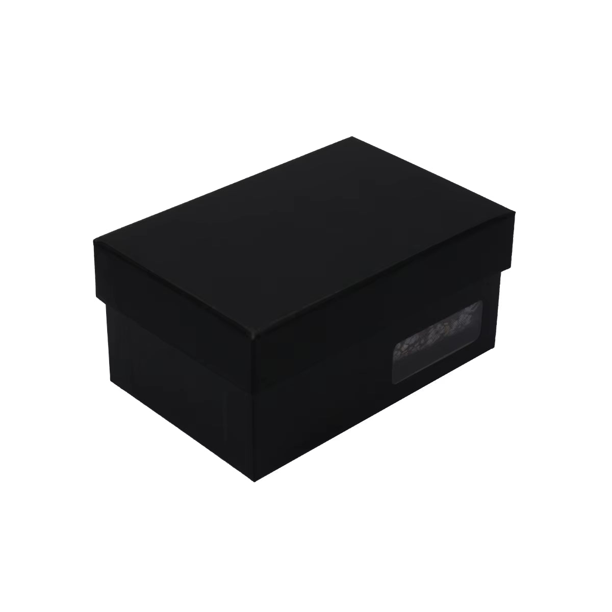 Black rectangular box with a clear window on a white background
