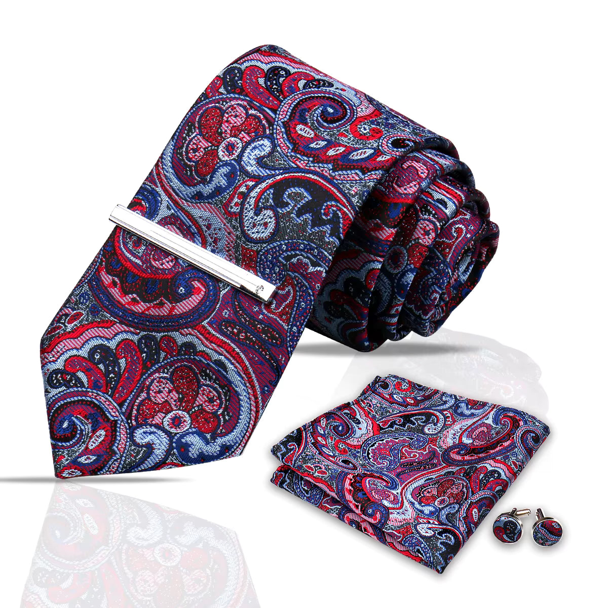 Paisley patterned tie, pocket square, and cufflinks on a white background