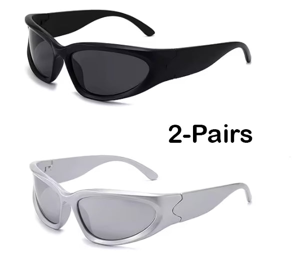 Two pairs of sunglasses, one black and one silver, on a white background with '2-Pairs' text.