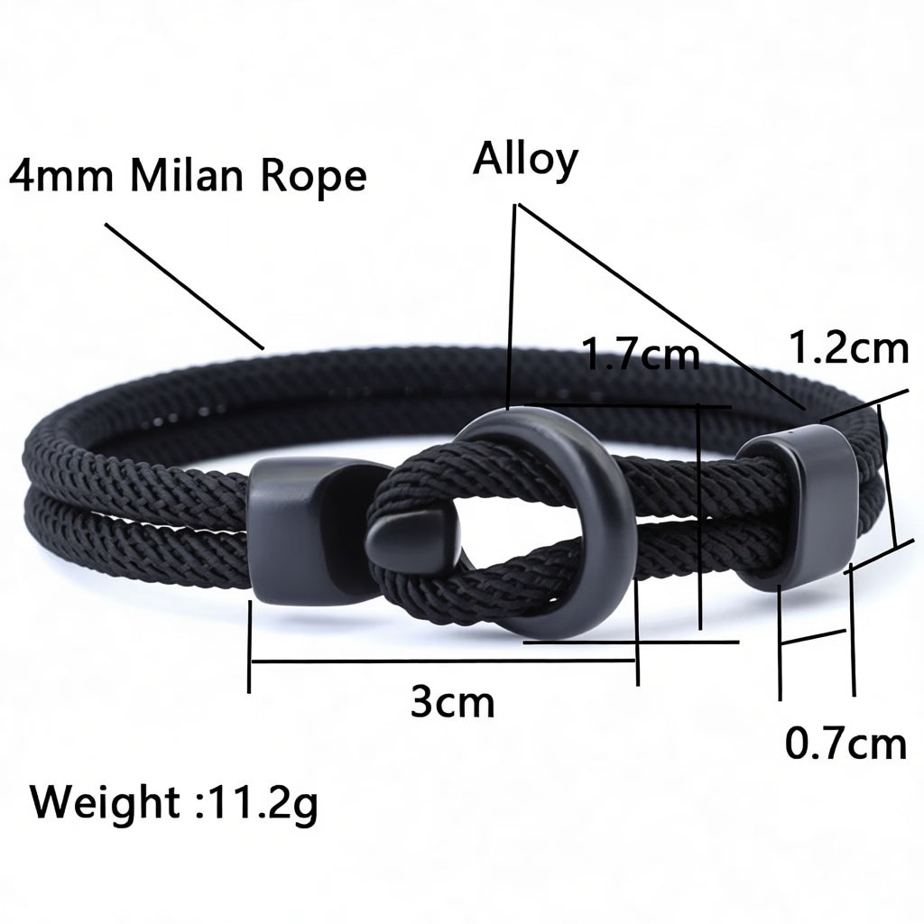 Black Milan Rope bracelet with measurements and details on a white background