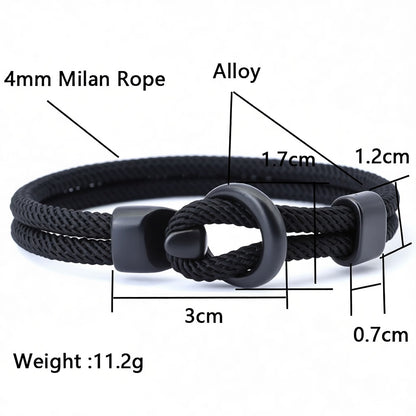 Black Milan Rope bracelet with measurements and details on a white background