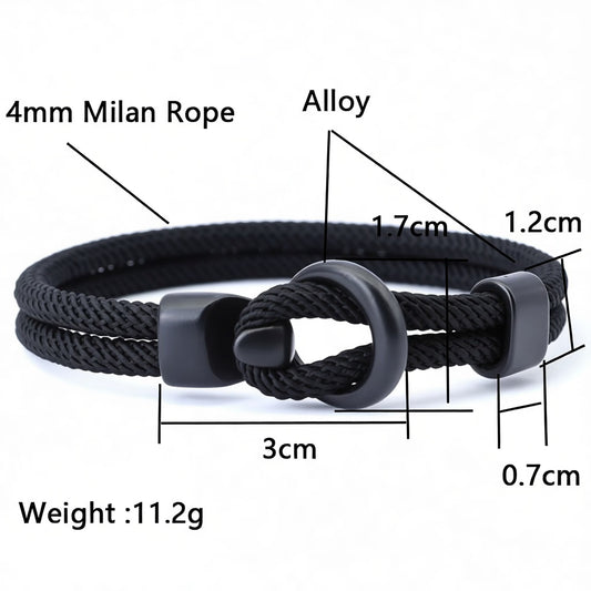 Black Milan Rope bracelet with measurements and details on a white background