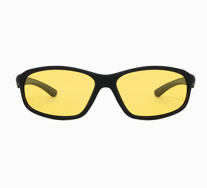 Sunglasses with yellow lenses and black frames on a white background