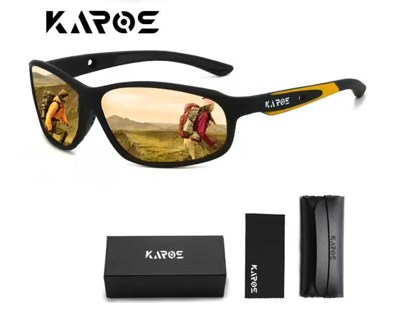 Sunglasses with reflective landscape, branded box, cleaning cloth, and case on a white background