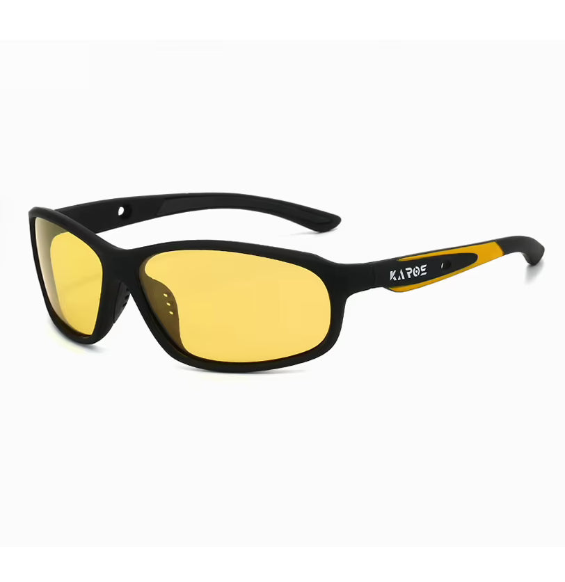 Sunglasses with yellow lenses and black frames on a white background
