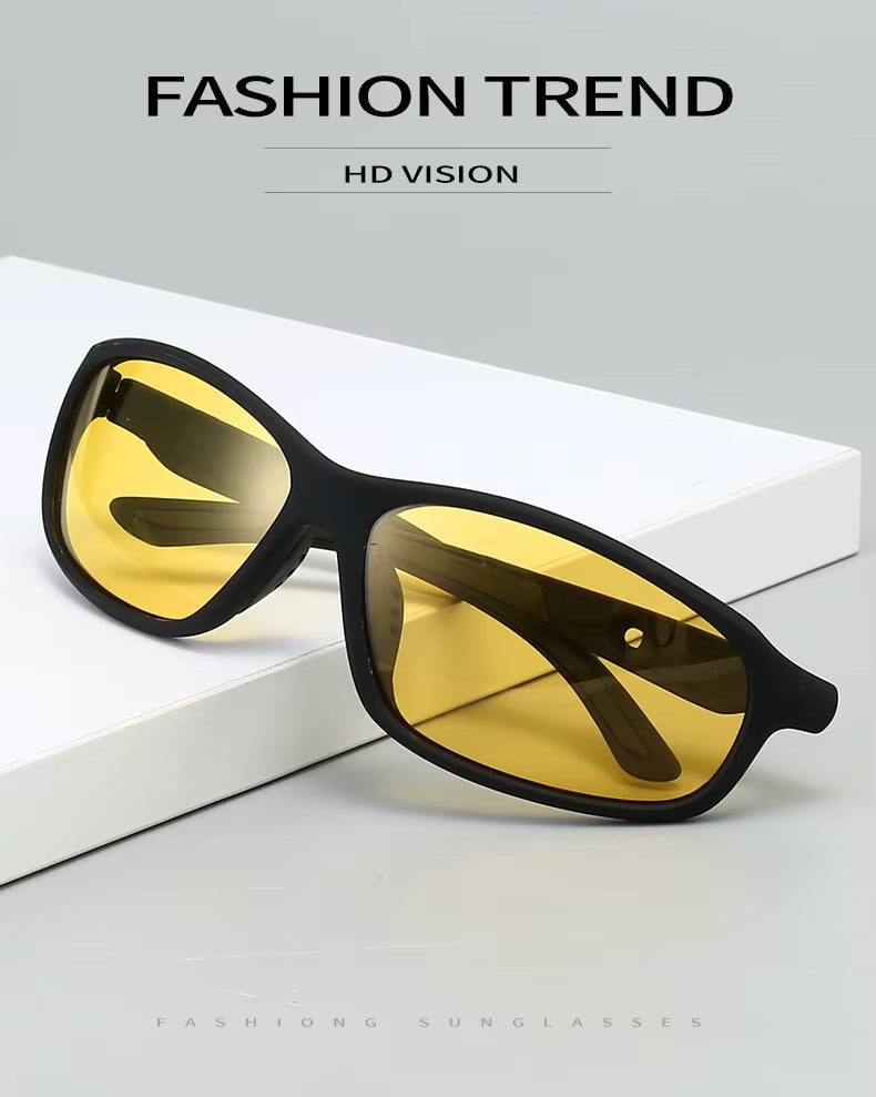 Sunglasses with yellow lenses and black frames on a white surface, with 'Fashion Trend' text above.